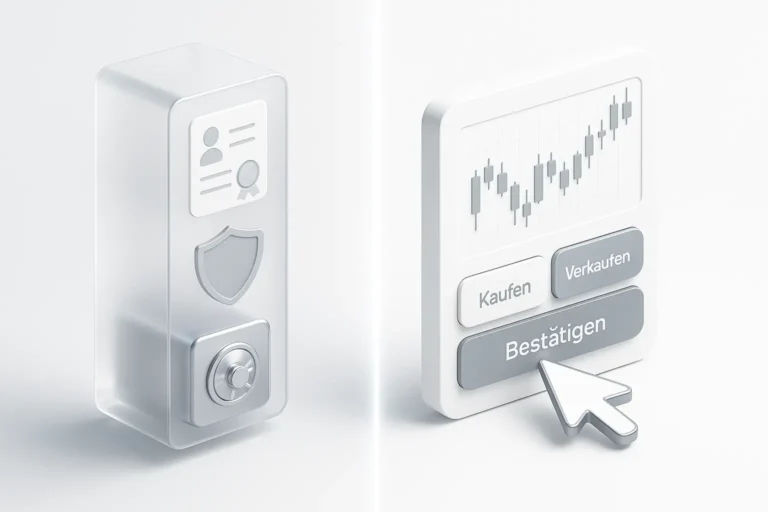 Startseite 3D-Vergleich im Apple-Stil zwischen Broker-Symbolen und moderner Trading-Oberfläche mit deutschen Schaltflächen
