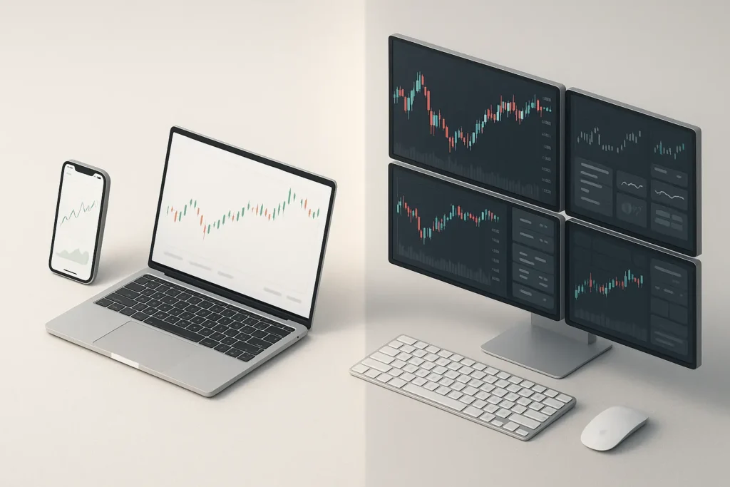 3D-Visualisierung eines Wechsels vom Broker mit einfacher App zur professionellen Trading-Plattform mit mehreren Monitoren
Was ist eine Trading Plattform