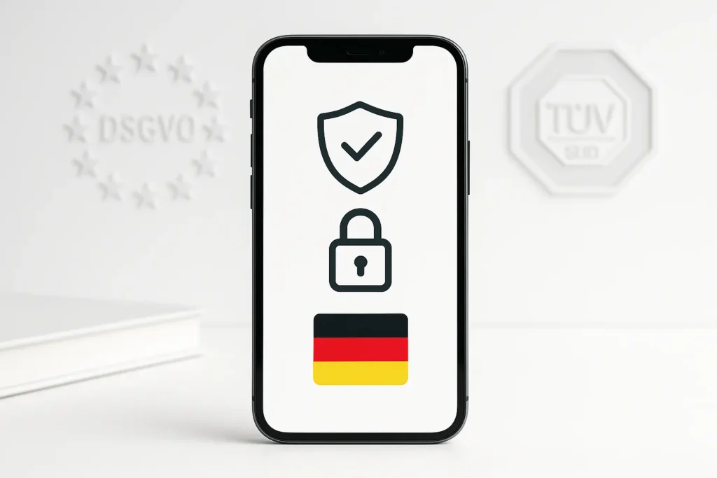 Finanzguru Erfahrungen 2025: Lohnt sich die App? Smartphone zeigt Sicherheitssymbole wie Schloss und Schild – Finanzguru App mit TÜV und DSGVO