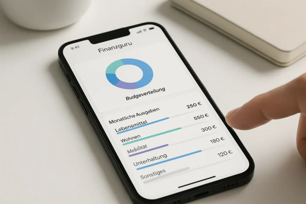 Finanzguru Erfahrungen 2025: Lohnt sich die App? Finanzguru App zeigt Budgetplanung und Ausgabenkategorien auf dem Smartphone