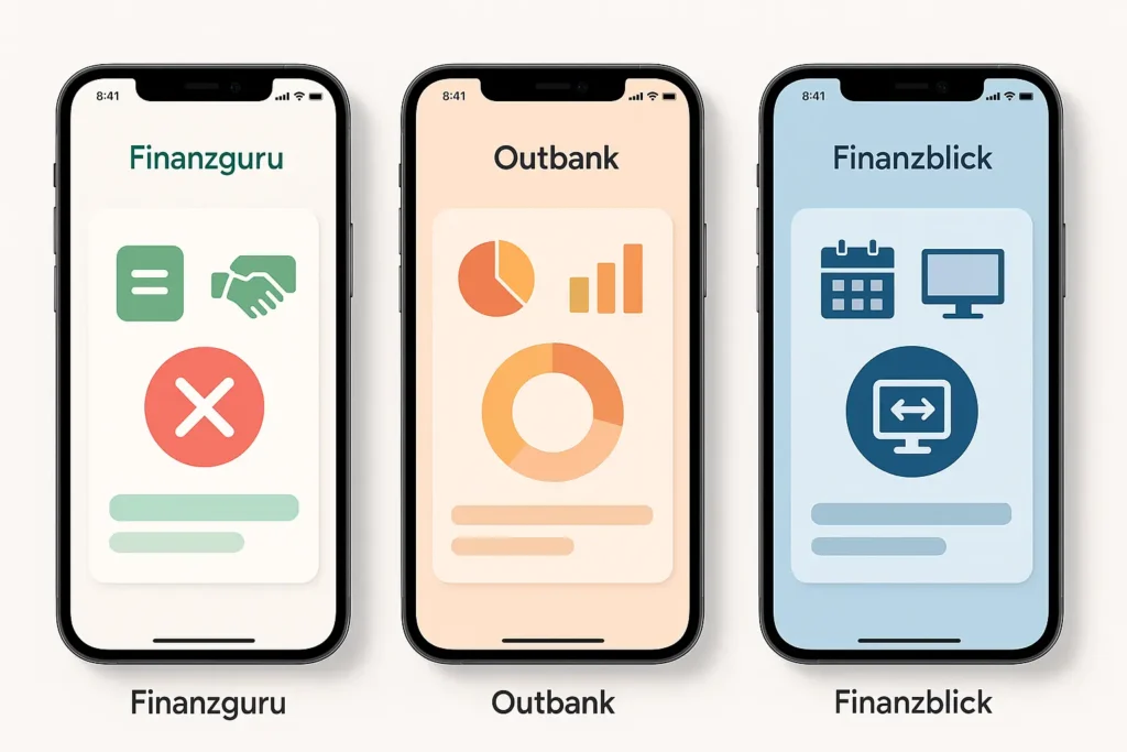 Finanzguru Erfahrungen 2025: Lohnt sich die App? Vergleich von Finanzguru, Outbank und Finanzblick Apps nebeneinander auf Smartphone-Bildschirmen