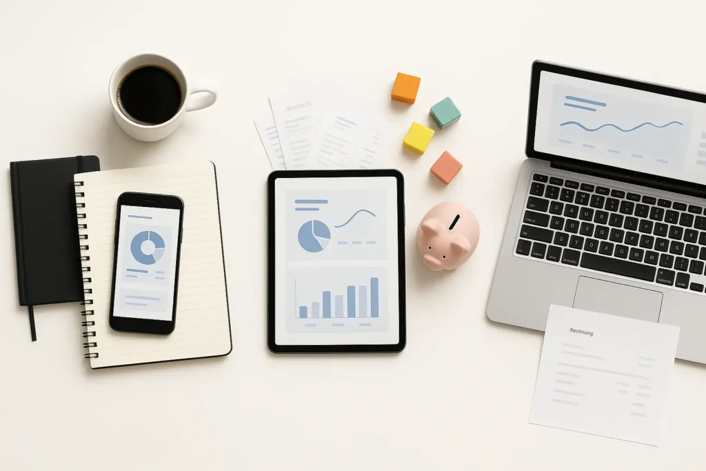 Finanzguru Erfahrungen 2025: Lohnt sich die App? Symbolische Darstellung der Zielgruppen der Finanzguru App: Studentisches Setup, Familienhaushalt und Freelancer-Schreibtisch