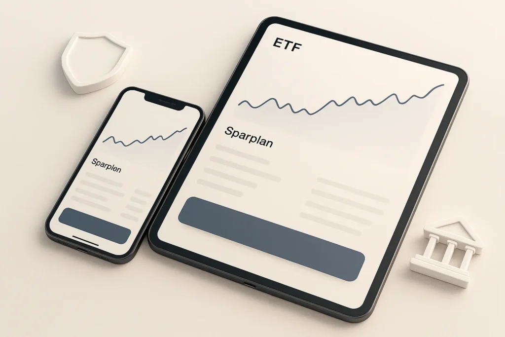3D-Bild eines ETF-Sparplans über eine Broker-App mit einfacher Trading-Plattform
