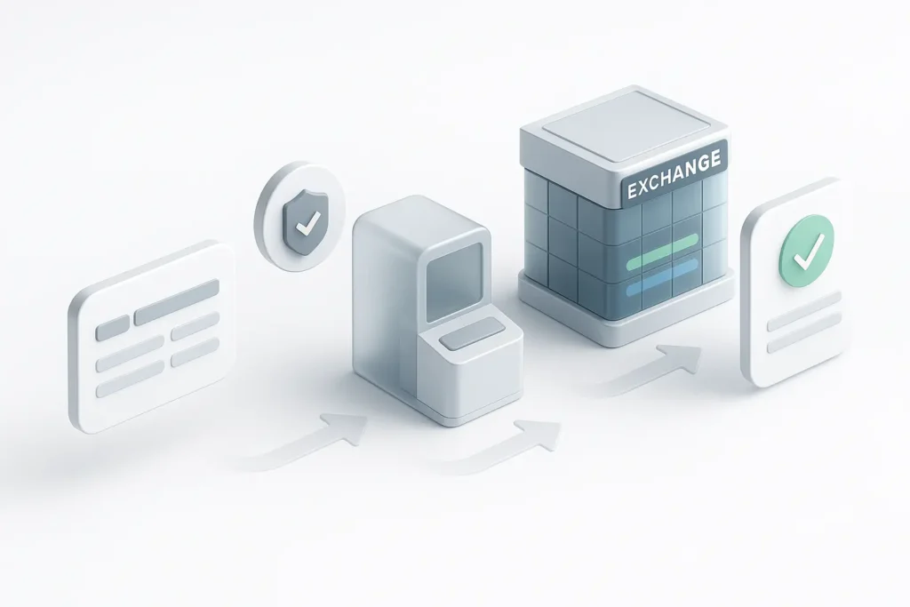 Elegante 3D-Grafik im Apple-Stil zeigt den Orderflow vom Trading-Interface über Broker und Börse bis zur Bestätigung