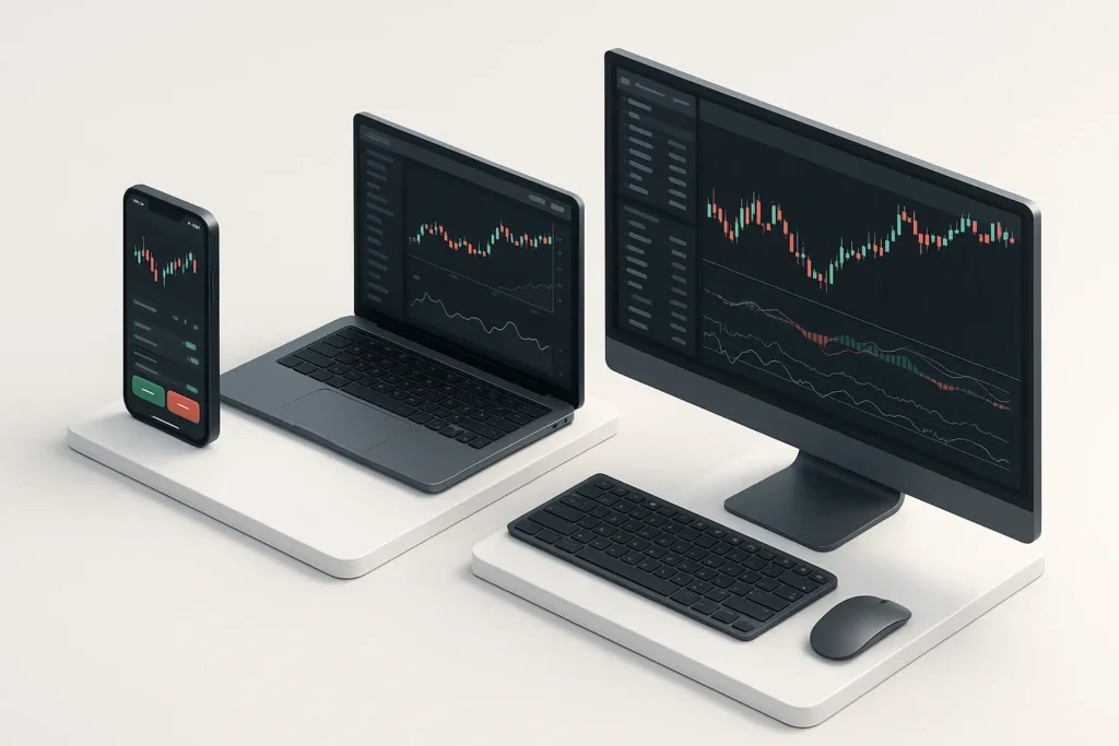 3D-Vergleich verschiedener Trading-Plattformen wie Broker-App, Webtrader, MetaTrader und Analyseplattform
Unterschied Broker und Trading Plattform
