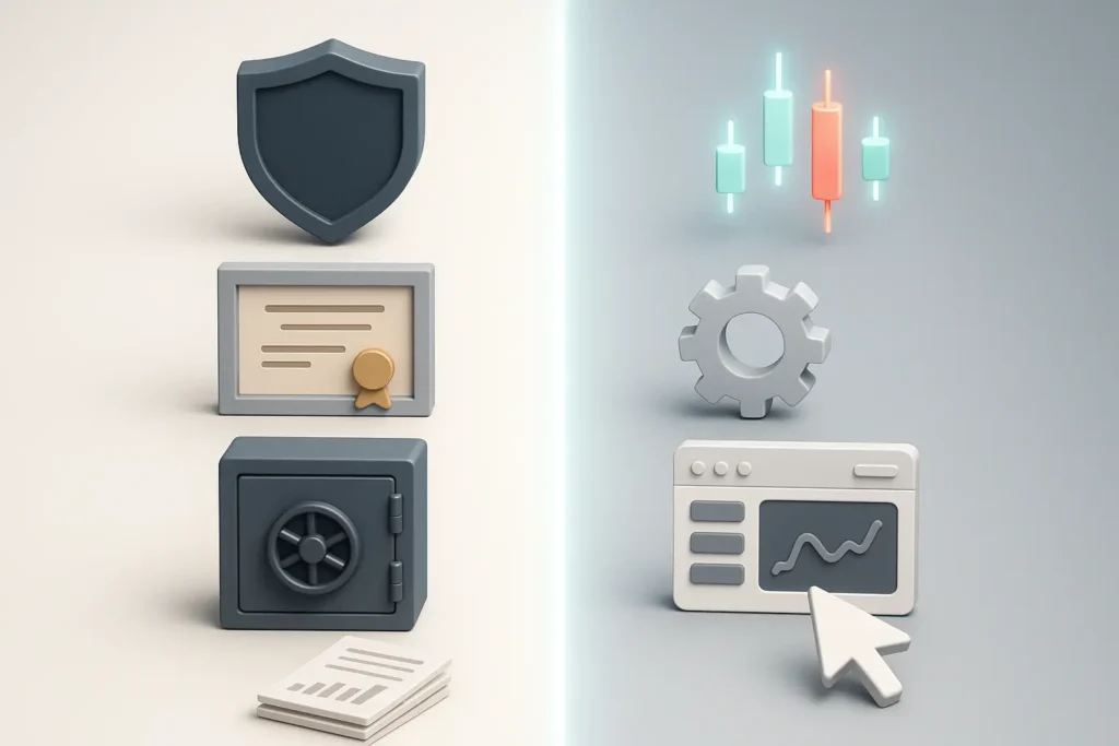 3D-Grafik zum Unterschied zwischen Broker und Trading-Plattform mit symbolischer Gegenüberstellung
