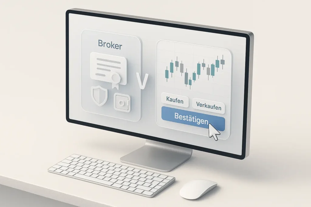 Futuristische 3D-Szene mit holografischer Benutzeroberfläche für Broker und Trading-Plattform, inklusive deutscher Buttons Kaufen, Verkaufen und Bestätigen  Broker vs Trading Plattform