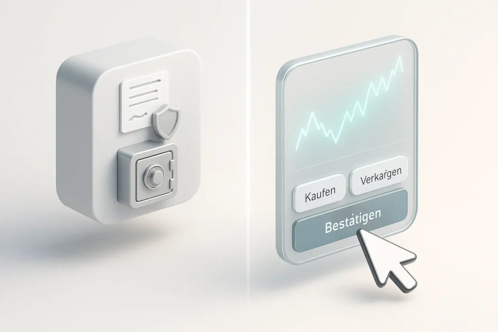 Futuristische Szene mit Person vor holografischem Portal und deutscher Trading-Oberfläche