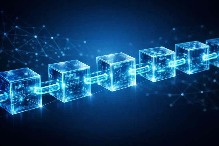 Startseite Visualisierung der Blockchain einfach erklärt für Einsteiger – symbolische digitale Blockkette in futuristischem Stil