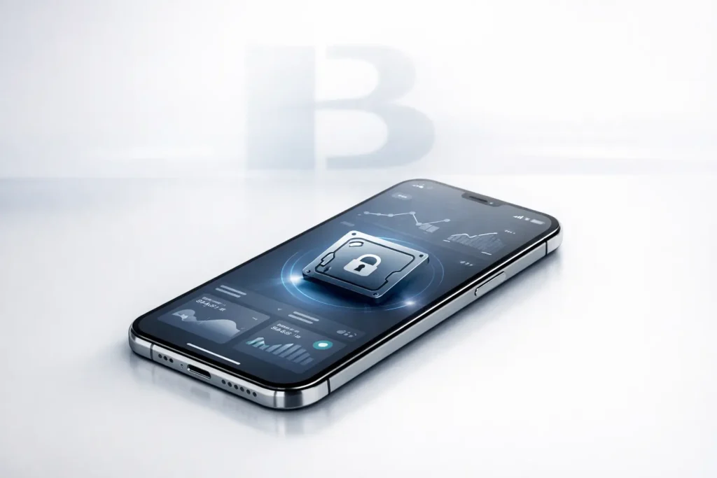 Symbolbild zur Einlagensicherung bei finanzen.net zero – Smartphone mit Tresor-Symbol und Hinweis auf Baader Bank als Partnerbank