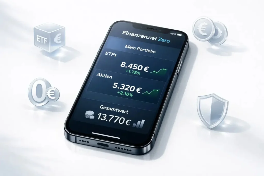 Visualisierung eines Neobroker-Depots mit ETF-Sparplänen, Aktienübersicht und 0-Euro-Gebühren – finanzen.net zero Erfahrungen 2026
