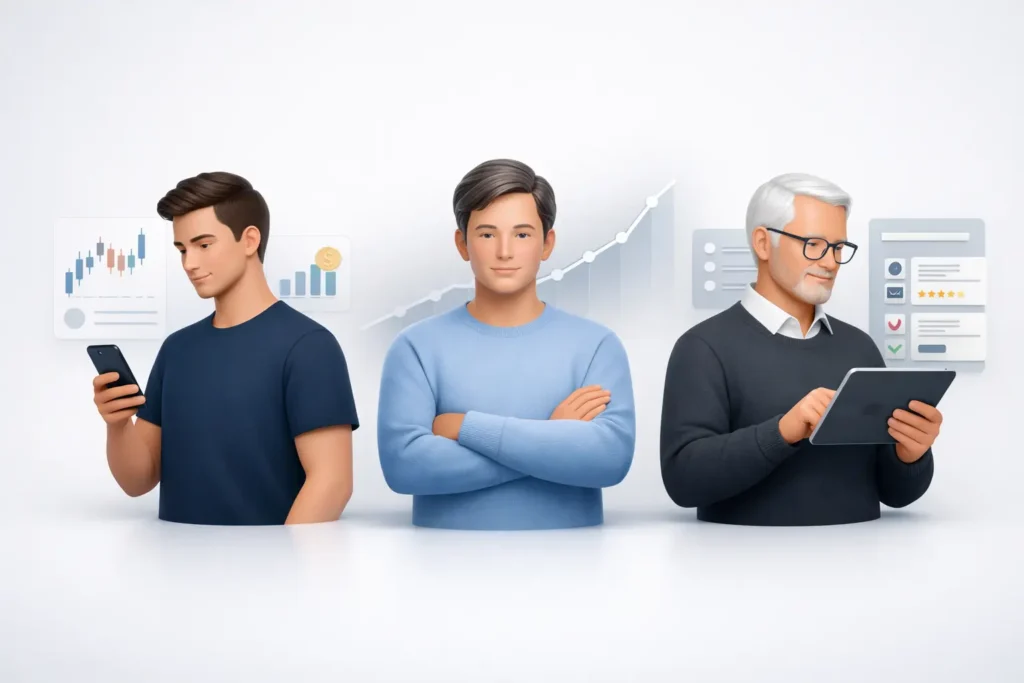 Zielgruppen-Grafik für finanzen.net zero – ETF-Sparer, Buy-and-Hold-Anleger und Broker-Vergleicher in Apple-Stil visualisiert