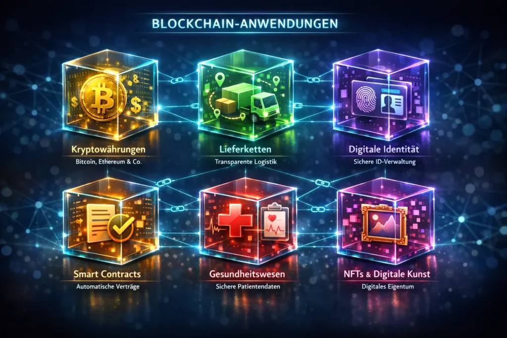 Blockchain-Anwendungen einfach erklärt: Kryptowährungen, Lieferketten, digitale Identität, Smart Contracts, Gesundheitswesen und digitale Kunst.