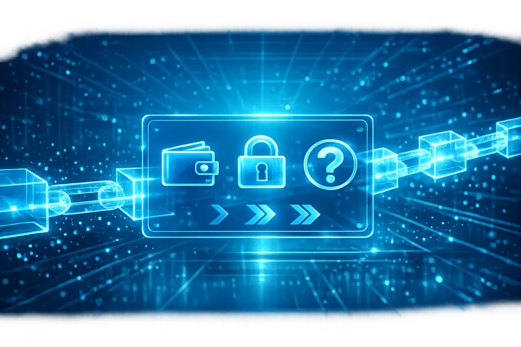 Visualisierung der nächsten Schritte nach dem Blockchain-Verständnis: digitale Kette mit Symbolen für Wallet, Sicherheit und Wissenserweiterung.