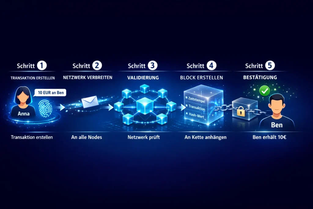 Blockchain einfach erklärt in 5 Schritten: Transaktion von Anna an Ben über ein dezentrales Netzwerk, Validierung, Blockerstellung und Bestätigung