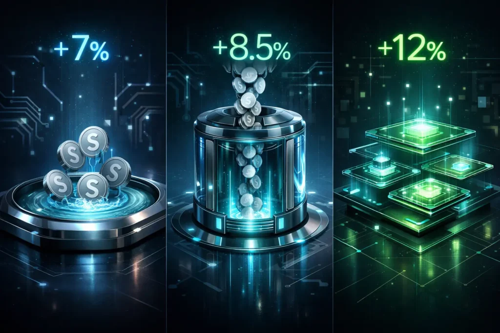 Visualisierung von Stablecoin-Staking, Lending und Yield Farming in futuristischer DeFi-Umgebung