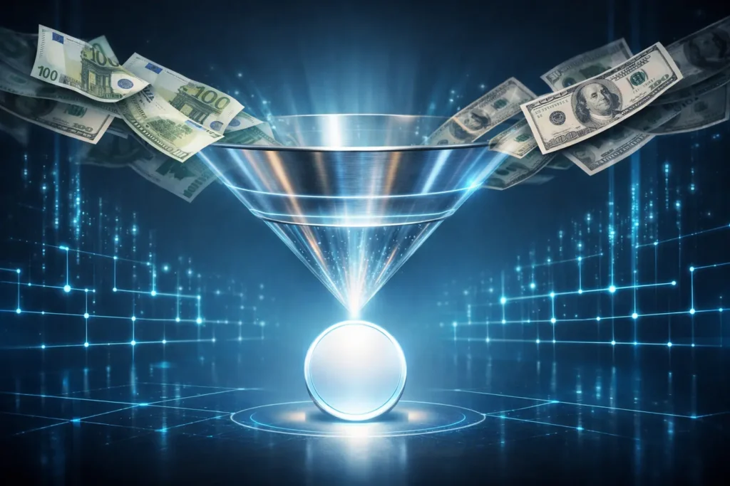 Visualisierung der Stablecoin-Definition: Euro- und Dollar-Geld fließt in einen digitalen Stablecoin mit stabiler Wertanbindung