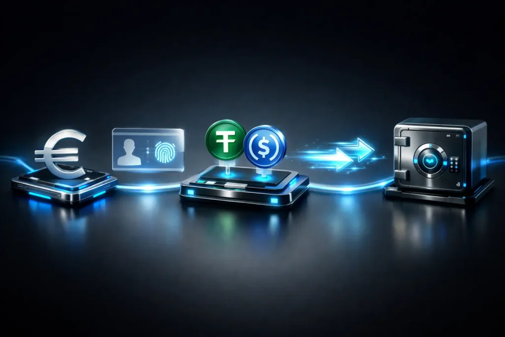 Symbolische Darstellung des Stablecoin-Kaufs in 5 Schritten: Einzahlung, Verifizierung, Kauf, Transfer auf Wallet