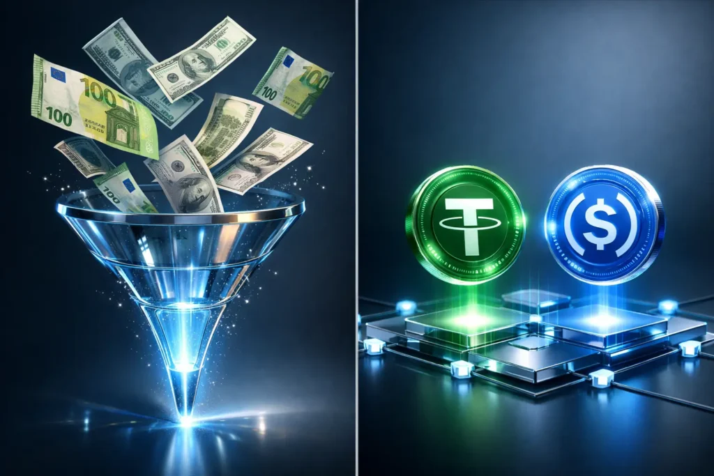 Stablecoins einfach erklärt: Visualisierung der Umwandlung von Euro und Dollar in digitale Stablecoins (USDT, USDC) durch einen leuchtenden Digitalisierungstrichter auf blauem Hintergrund