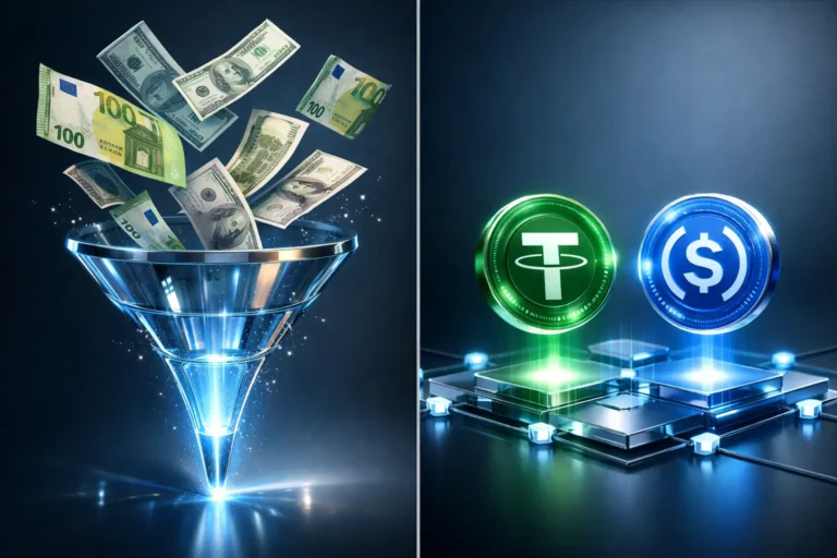 Stablecoins einfach erklärt: Visualisierung der Umwandlung von Euro und Dollar in digitale Stablecoins (USDT, USDC) durch einen leuchtenden Digitalisierungstrichter auf blauem Hintergrund