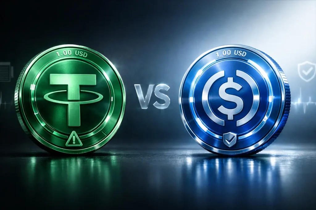 Symbolbild zum Vergleich von USDT und USDC als Stablecoins auf digitaler Waage
