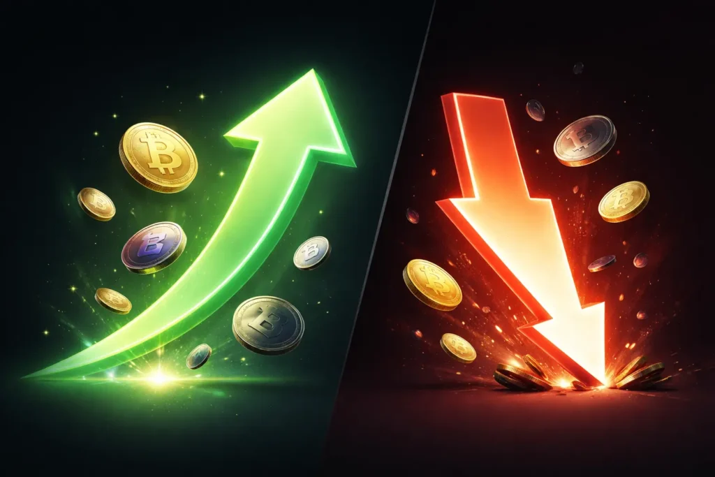 Altcoins Chancen und Risiken einfach erklärt mit steigender und fallender Entwicklung im Kryptomarkt