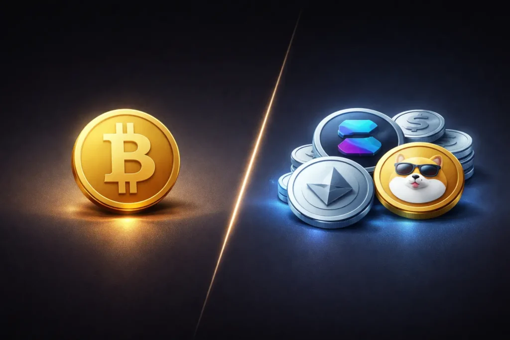 Altcoins vs Bitcoin Unterschied einfach erklärt mit Bitcoin und mehreren Altcoins auf dunklem Hintergrund