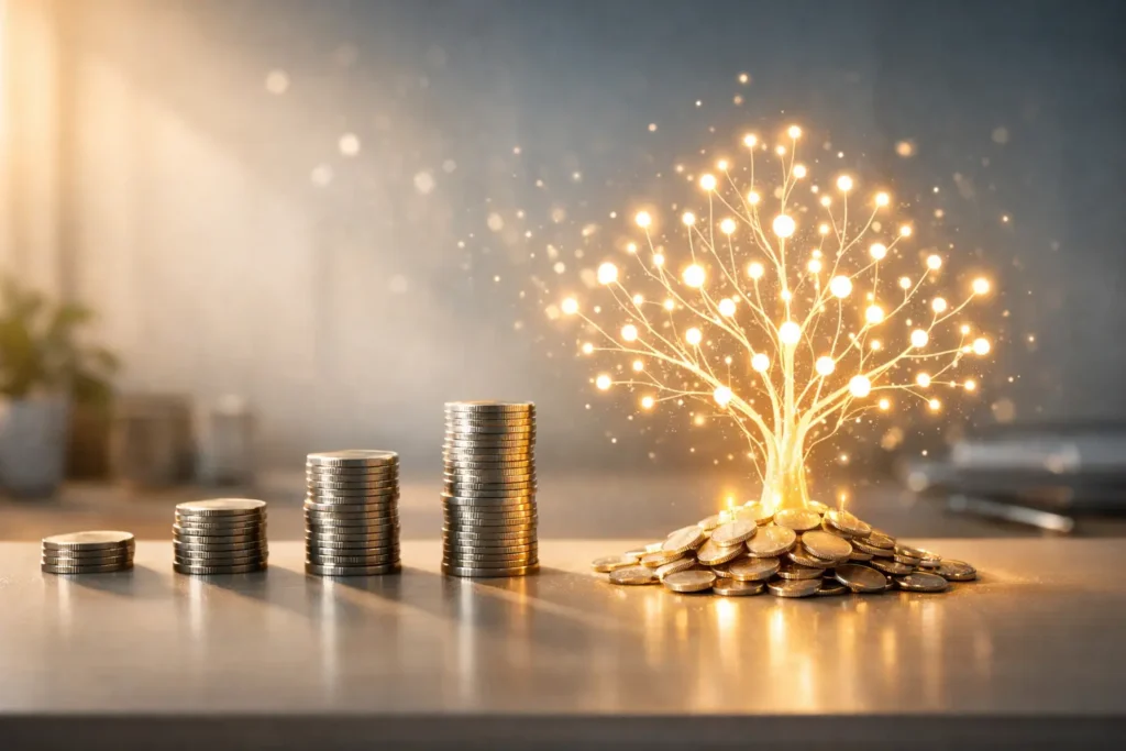 ETF Sparplan einfach erklärt – symbolische Darstellung eines wachsenden Investments durch regelmäßiges Investieren in ETFs für Anfänger