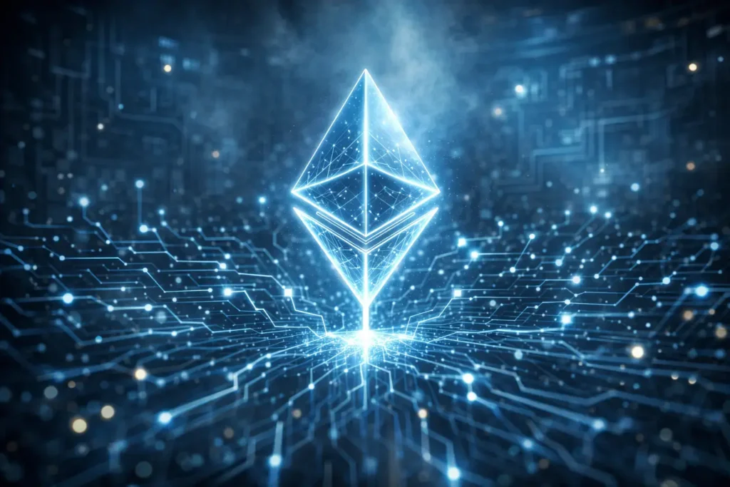 Leuchtendes Ethereum Symbol über einem digitalen Blockchain Netzwerk mit Datenverbindungen – Visualisierung der Kryptowährungs- und Blockchain-Technologie