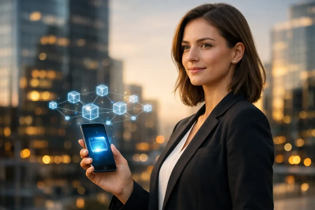 Krypto einfach erklärt 2026 – Frau mit Smartphone und digitaler Blockchain-Visualisierung zum Thema Kryptowährungen verstehen