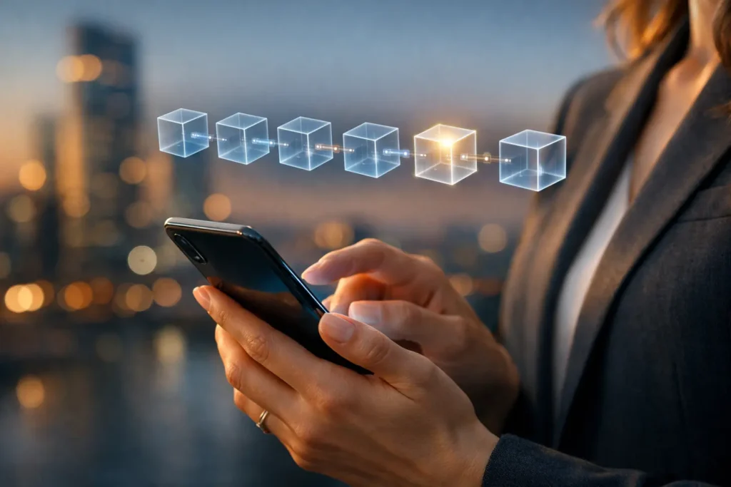 Blockchain einfach erklärt im Stil von Krypto einfach erklärt – Smartphone mit holografischer Blockkette