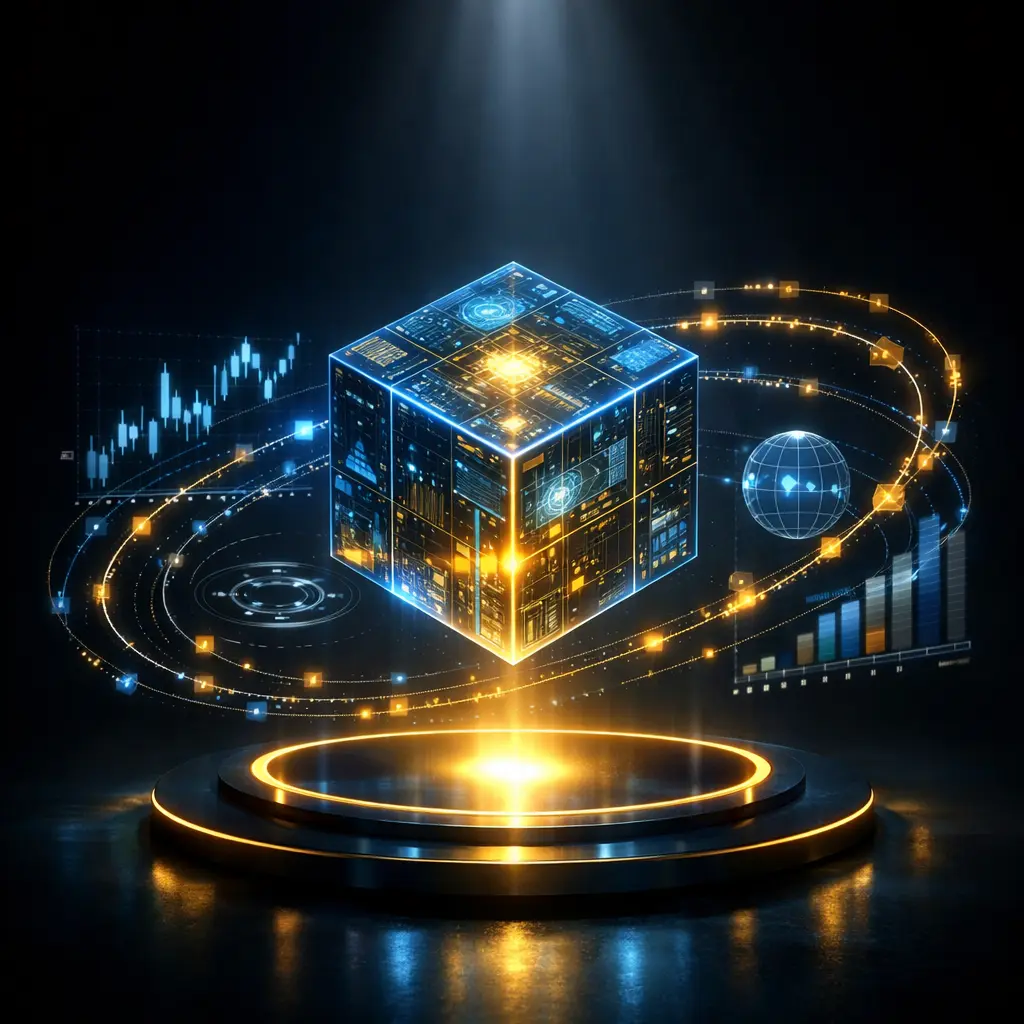 Futuristische Fintech Datenvisualisierung mit Blockchain Netzwerk und holografischen Charts als Symbol für Krypto Wissen und Finanzanalyse