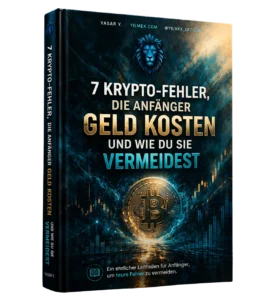 Buch Cover 7 Krypto Fehler die Anfänger Geld kosten und wie du sie vermeidest von Yilmex mit Bitcoin Symbol und Finanzgrafiken