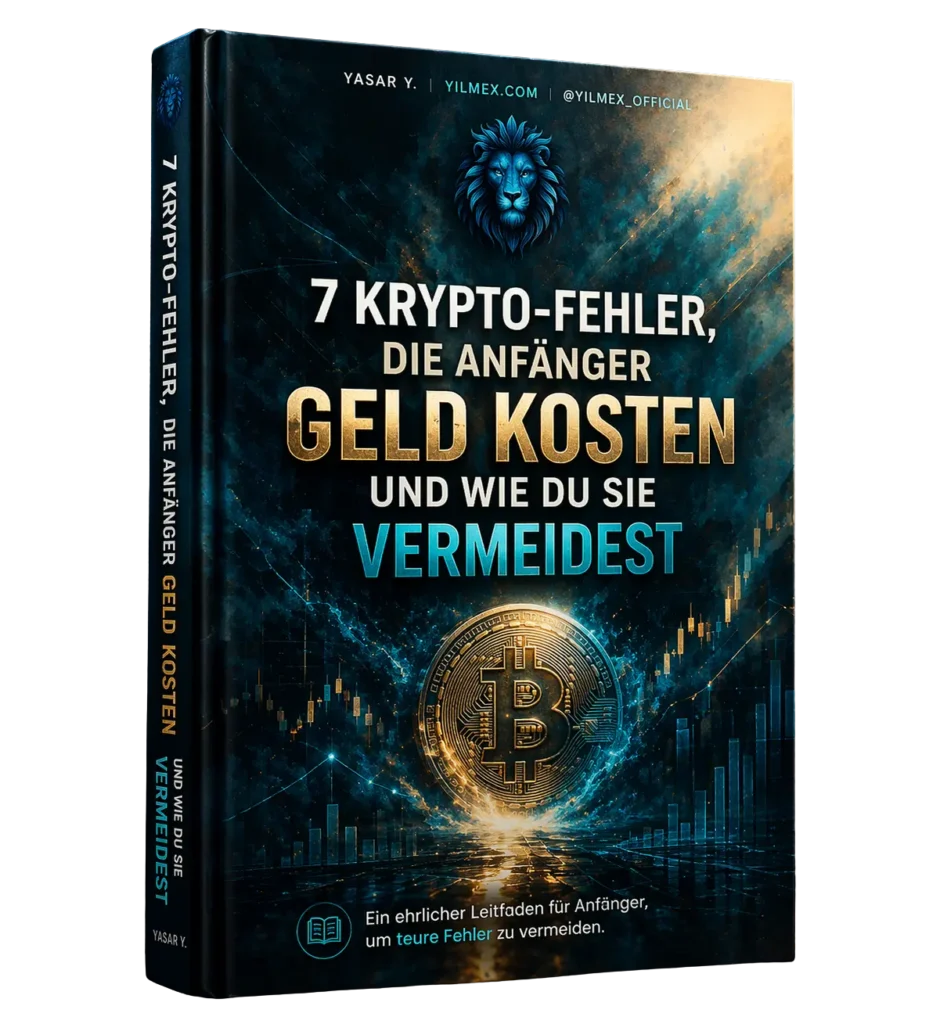 Buch Cover 7 Krypto Fehler die Anfänger Geld kosten und wie du sie vermeidest von Yilmex mit Bitcoin Symbol und Finanzgrafiken