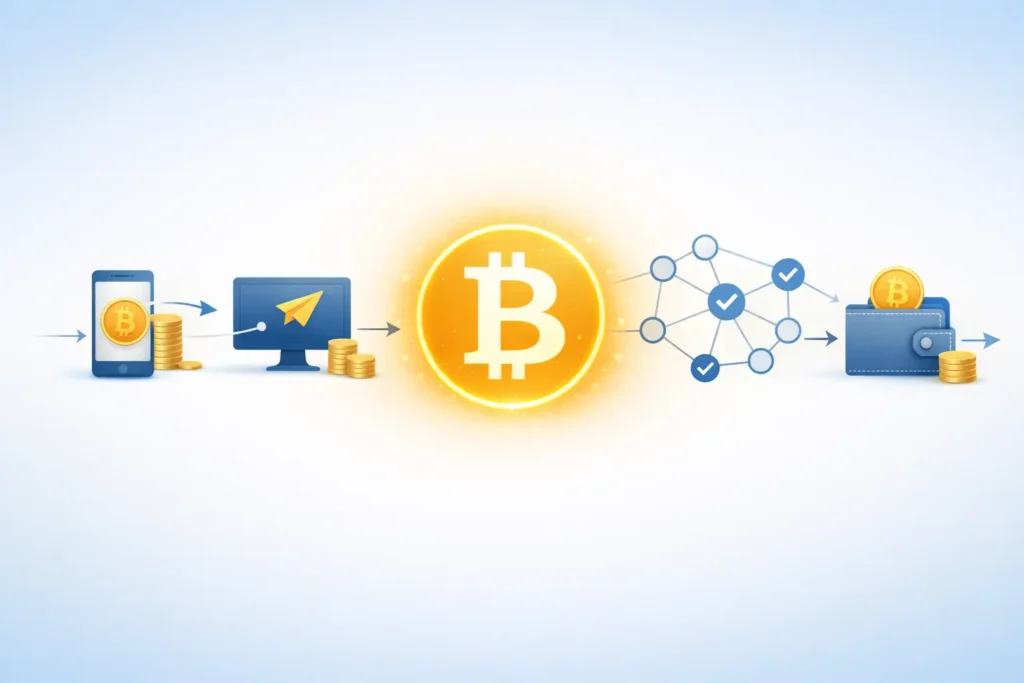 wie funktioniert bitcoin einfach erklärt transaktion im blockchain netzwerk visuell dargestellt