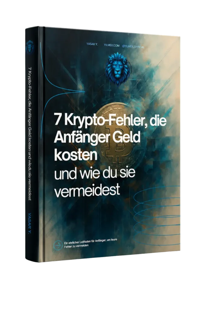 Startseite 3D Buchcover mit Spiegelung für das kostenlose eBook „7 Krypto-Fehler, die Anfänger Geld kosten und wie du sie vermeidest“