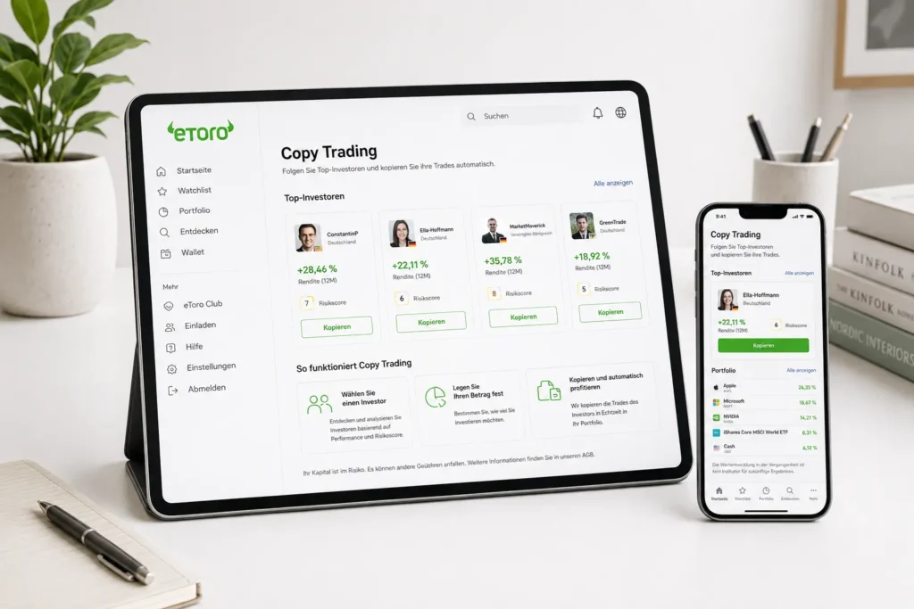 eToro für Anfänger: Erfahrungen, Gebühren, Copy Trading & Risiken einfach erklärt eToro Copy Trading für Anfänger auf Tablet und Smartphone