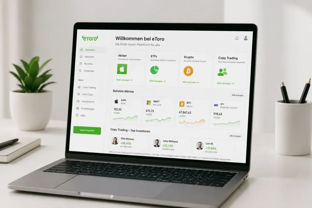 eToro für Anfänger: Erfahrungen, Gebühren, Copy Trading & Risiken einfach erklärt eToro Plattform Überblick für Anfänger mit Aktien ETFs Krypto und Copy Trading