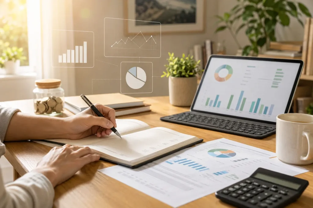Budgetplanung mit Notizbuch, Laptop und Finanzübersicht, um den Umgang mit Geld zu verbessern