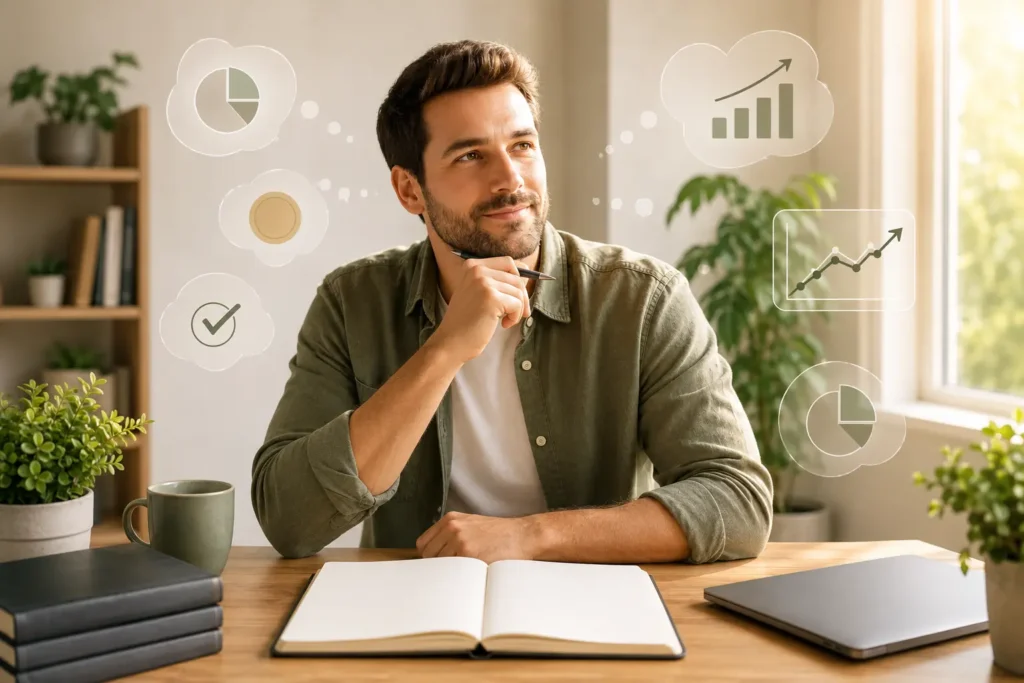 Mann reflektiert sein Money Mindset und Glaubenssätze über Geld für bessere finanzielle Entscheidungen