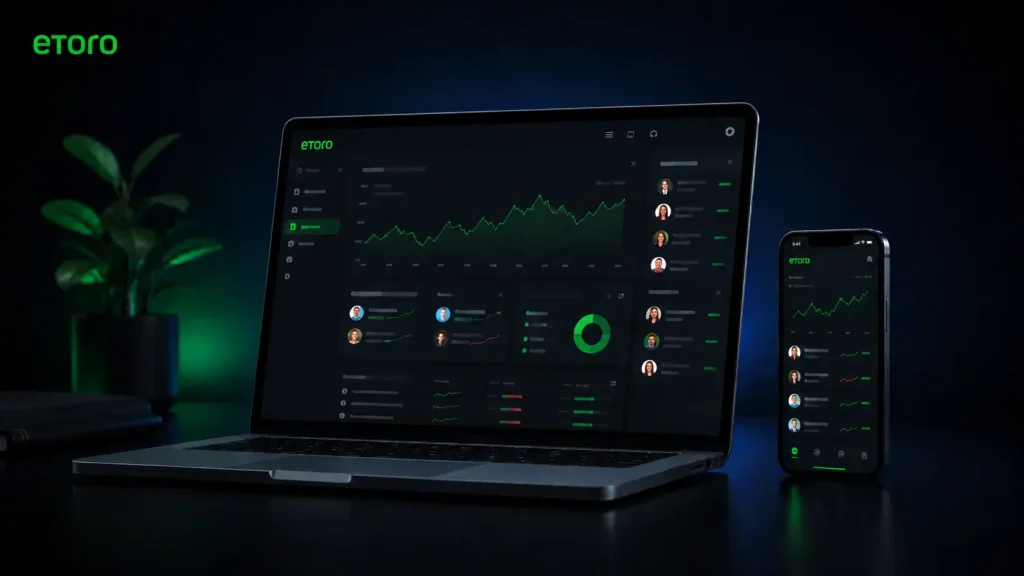 eToro für Anfänger – Trading-Plattform mit Desktop- und Smartphone-Ansicht auf dunklem Hintergrund