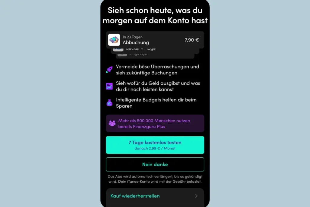 Finanzguru Plus Paywall mit 7 Tagen kostenlos testen und 2,99 Euro pro Monat