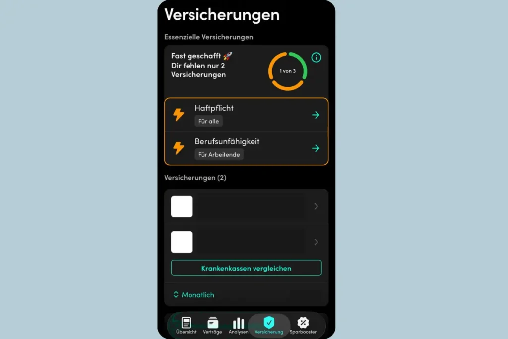 Finanzguru Versicherungsbereich mit Fortschrittsanzeige und Empfehlungen im Praxistest