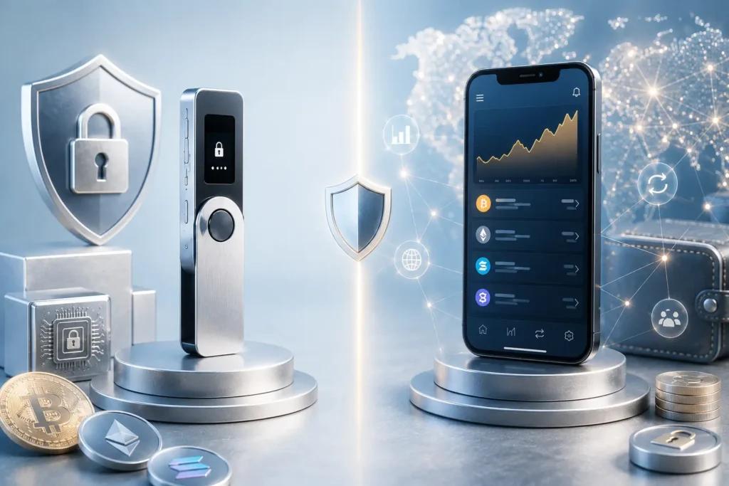 Krypto Wallet Vergleich 2026: Die besten Wallets für deinen Anwendungsfall Hardware Wallet und Software Wallet im Krypto Wallet Vergleich mit Smartphone und Hardware-Wallet