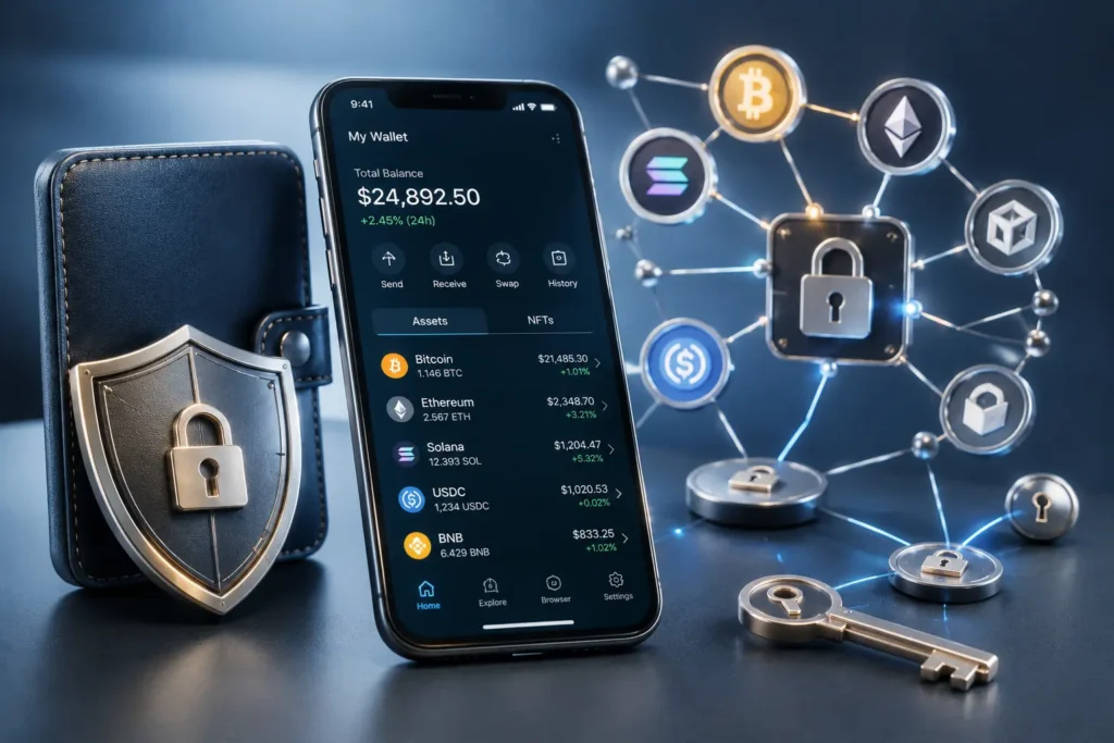 Krypto Wallet Vergleich 2026: Die besten Wallets für deinen Anwendungsfall Krypto Wallet App mit mehreren Kryptowährungen und Sicherheitsfunktionen im Software- und MPC-Wallet-Vergleich