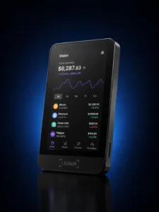 Ledger Flex Hardware Wallet mit großem Touchscreen vor dunkelblauem Fintech-Hintergrund
