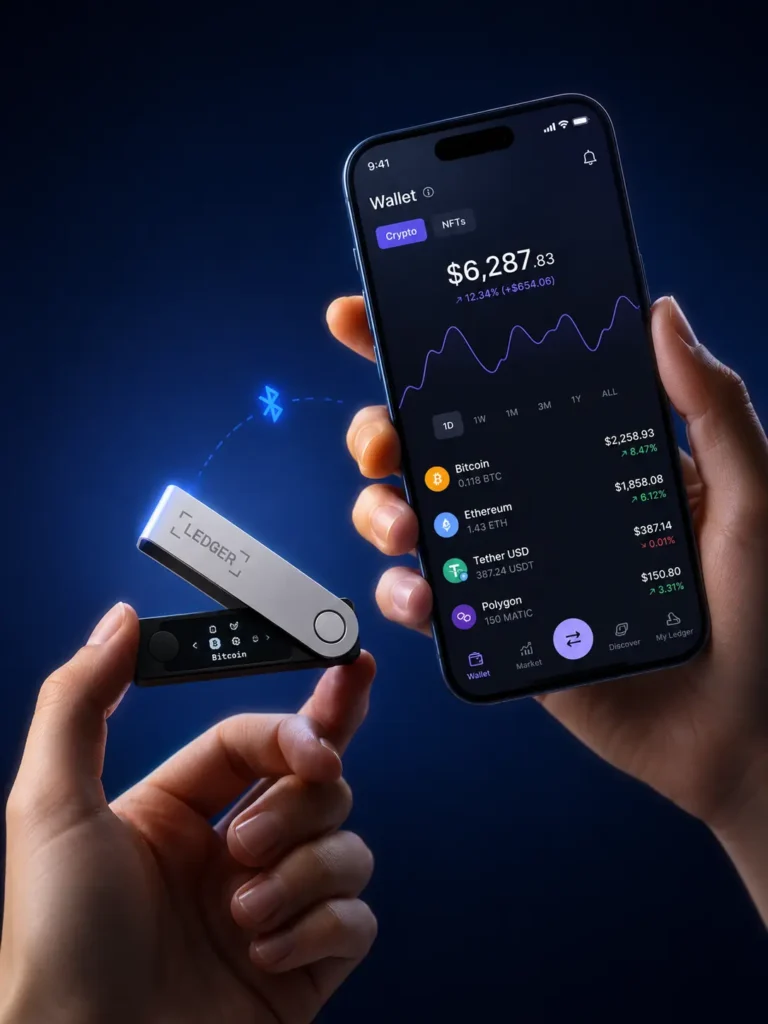 Ledger Nano X neben einem Smartphone mit Krypto-Wallet-App und Bluetooth-Verbindung