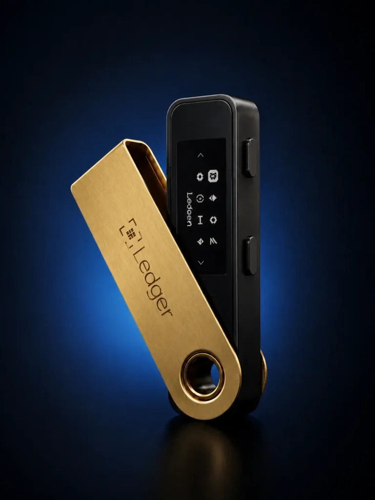 Ledger Nano X Hardware Wallet in Goldoptik vor dunkelblauem Fintech-Hintergrund
