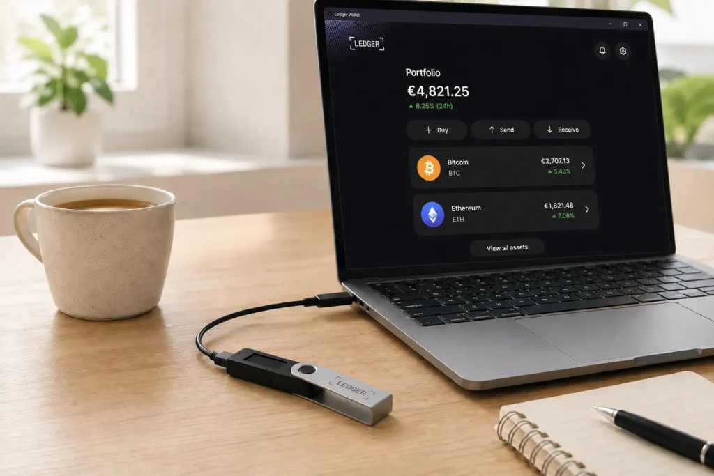 Ledger Wallet Erfahrungen 2026: Nano S Plus im Praxistest und Modelle im Vergleich Ledger Wallet App auf Laptop mit Ledger Nano S Plus auf modernem Schreibtisch – passend zu Ledger Wallet Erfahrungen und Ledger Nano S Plus Test