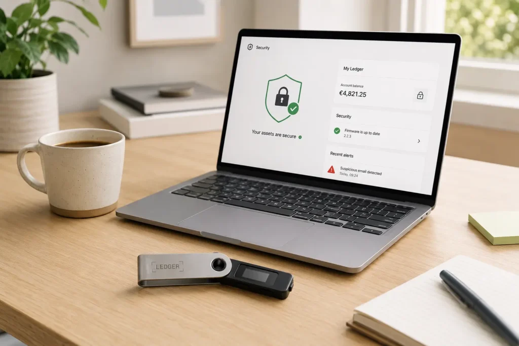 Ledger Wallet Erfahrungen 2026: Nano S Plus im Praxistest und Modelle im Vergleich Ledger Nano S Plus neben Laptop mit Sicherheitswarnung zu Phishing und verdächtigen E-Mails